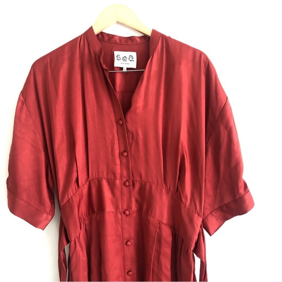 Sea New York Button Front Tie Waist Satin Rust Midi Red Dress 8 - Picture 4 of 7